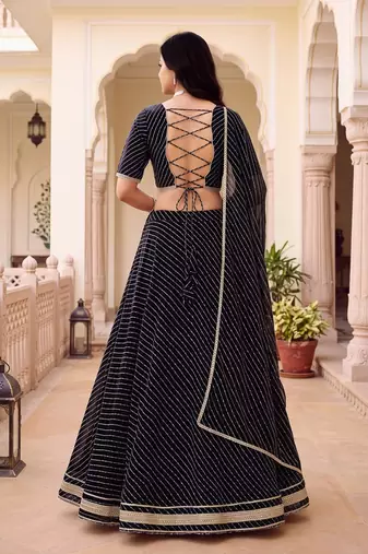 BLACK SOFT GEORGETTE ZARI COARDING WORK LEHRIYA PRINT LEHENGA CHOLI - FREE SIZE 