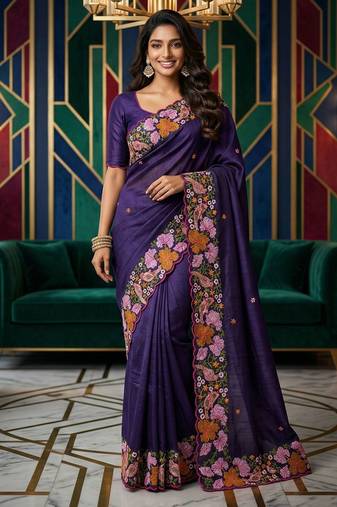 purple smart manipuri silk blend saree with multy thread embroidery work looks