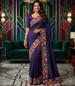 purple smart manipuri silk blend saree with multy thread embroidery work looks