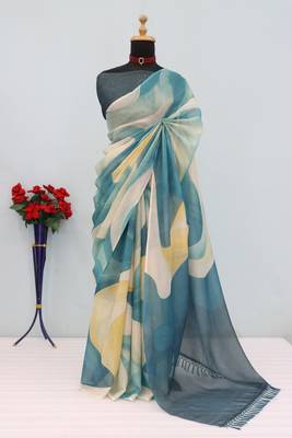 cream blue cotton blend zari weaving floral digital print festive saree with unstitched blouse piece 1