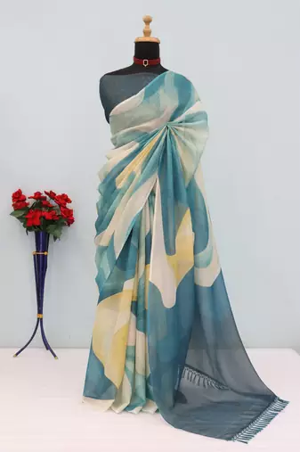 cream blue cotton blend zari weaving floral digital print festive saree with unstitched blouse piece