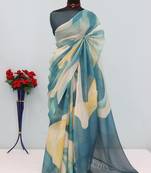 cream blue cotton blend zari weaving floral digital print festive saree with unstitched blouse piece