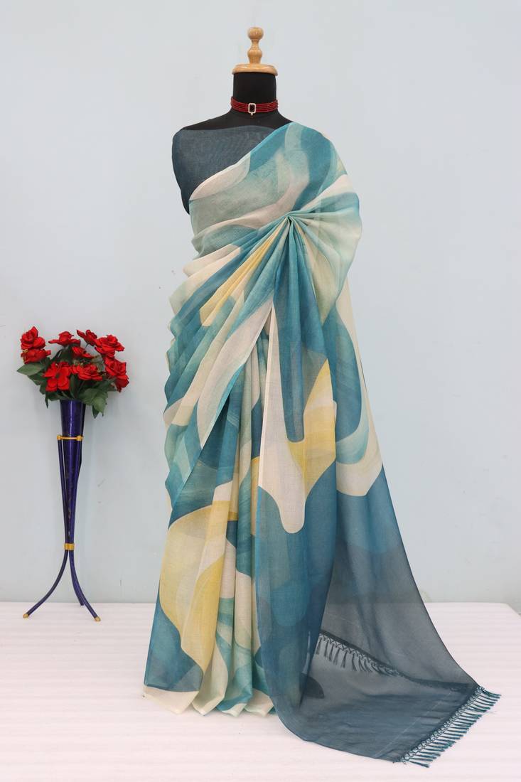 cream blue cotton blend zari weaving floral digital print festive saree with unstitched blouse piece