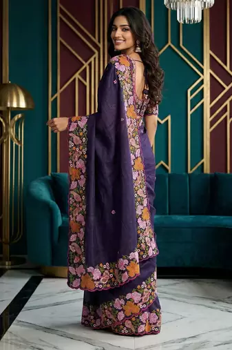 purple smart manipuri silk blend saree with multy thread embroidery work looks