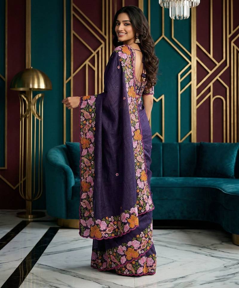 purple smart manipuri silk blend saree with multy thread embroidery work looks