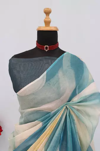 cream blue cotton blend zari weaving floral digital print festive saree with unstitched blouse piece