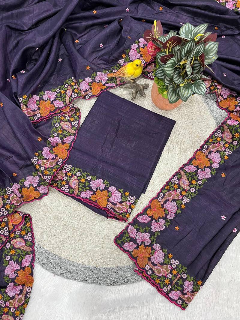 purple smart manipuri silk blend saree with multy thread embroidery work looks