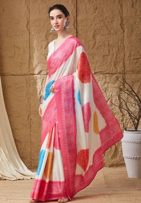 pink satin fabric stylish bandhani printed ready to wear saree 1