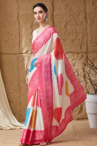 pink satin fabric stylish bandhani printed ready to wear saree