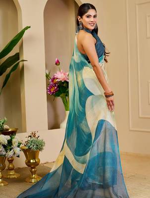 cream blue cotton blend zari weaving floral digital print festive saree with unstitched blouse piece 3