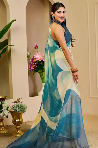cream blue cotton blend zari weaving floral digital print festive saree with unstitched blouse piece