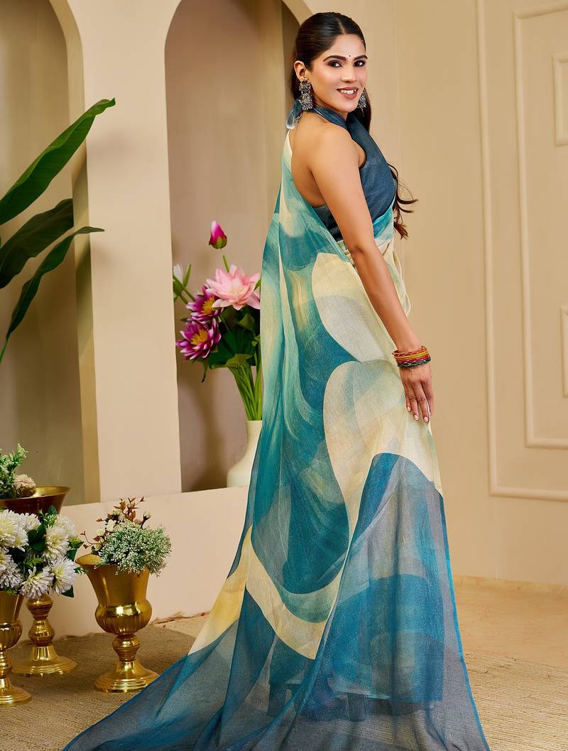 cream blue cotton blend zari weaving floral digital print festive saree with unstitched blouse piece