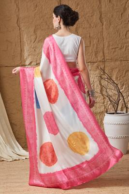 pink satin fabric stylish bandhani printed ready to wear saree 2