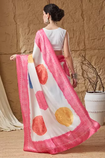 pink satin fabric stylish bandhani printed ready to wear saree
