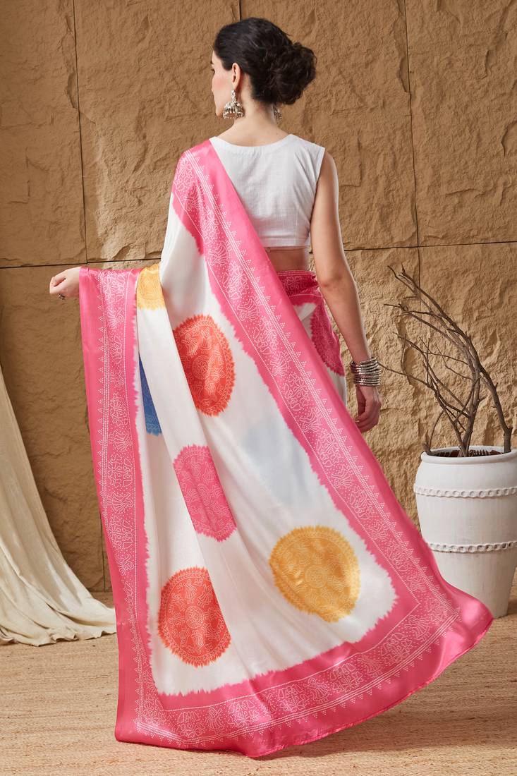 pink satin fabric stylish bandhani printed ready to wear saree