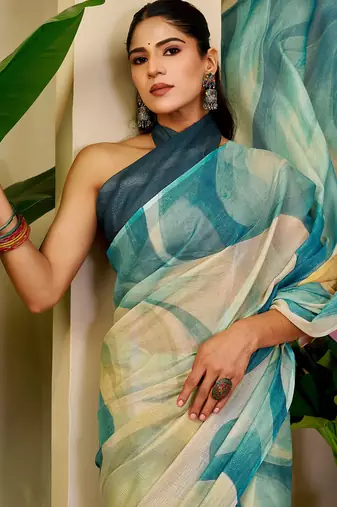 cream blue cotton blend zari weaving floral digital print festive saree with unstitched blouse piece