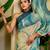 cream blue cotton blend zari weaving floral digital print festive saree with unstitched blouse piece