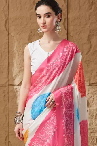 pink satin fabric stylish bandhani printed ready to wear saree
