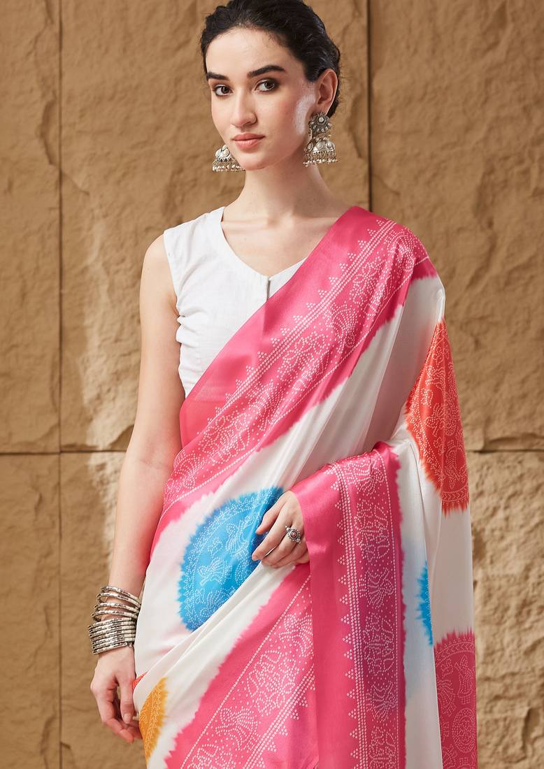 pink satin fabric stylish bandhani printed ready to wear saree
