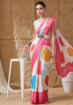 pink satin fabric stylish bandhani printed ready to wear saree 4