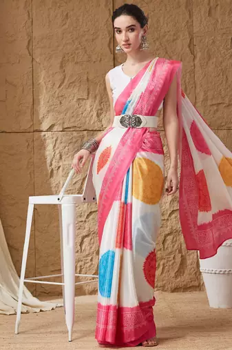 pink satin fabric stylish bandhani printed ready to wear saree