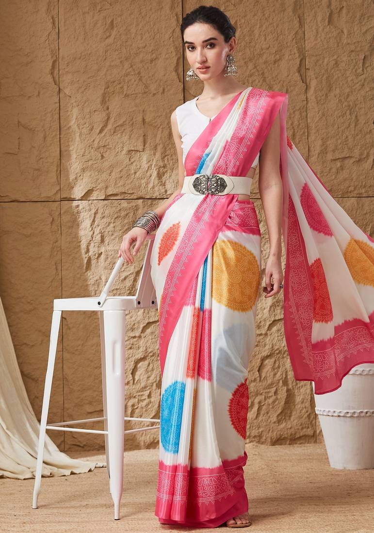 pink satin fabric stylish bandhani printed ready to wear saree