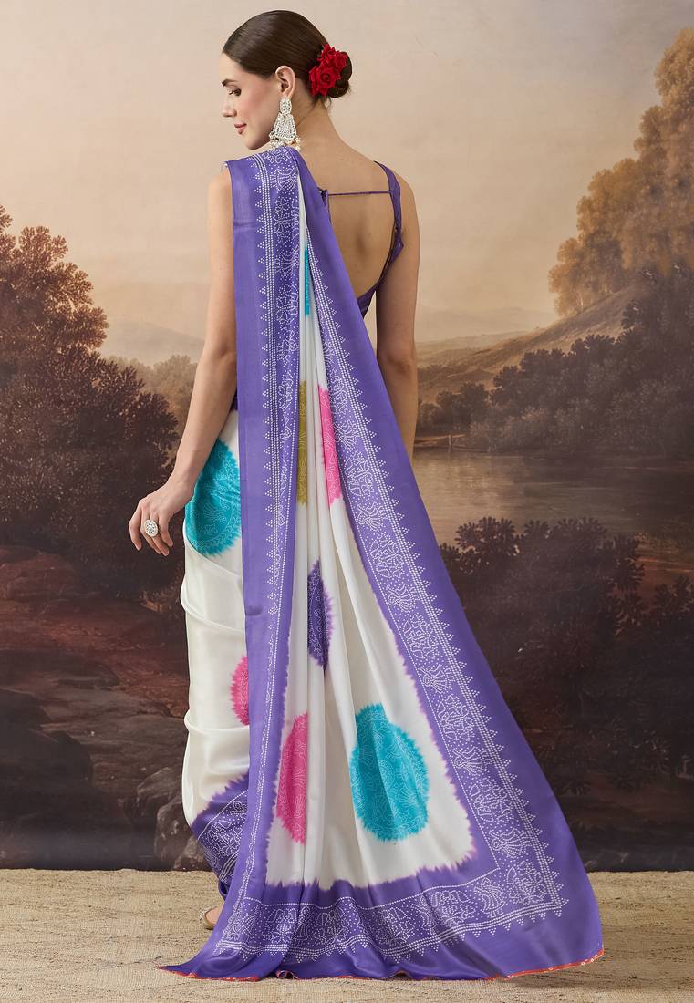 lavender satin fabric stylish bandhani printed ready to wear saree