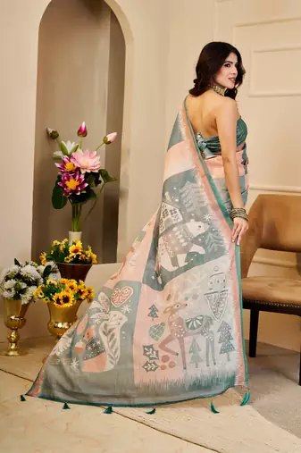 peach green cotton blend zari weaving floral digital print festive saree with unstitched blouse piece