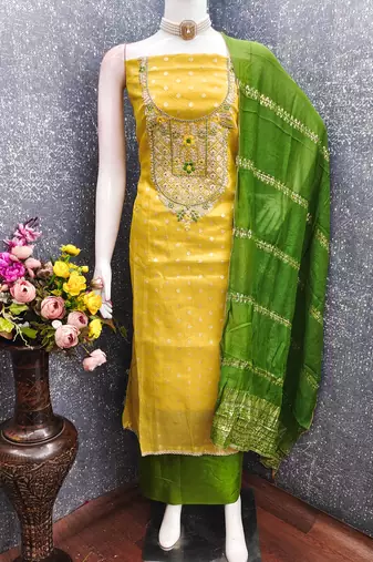  embroidered shimmer unstitched dress material with chanderi jacquard dupatta