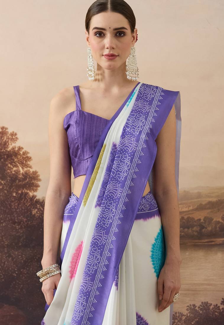 lavender satin fabric stylish bandhani printed ready to wear saree