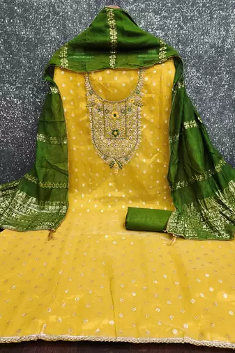  embroidered shimmer unstitched dress material with chanderi jacquard dupatta