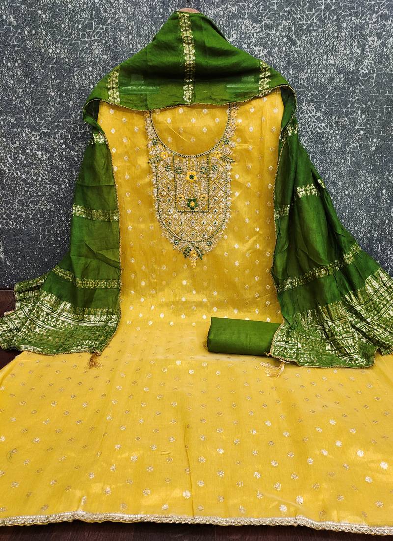  embroidered shimmer unstitched dress material with chanderi jacquard dupatta