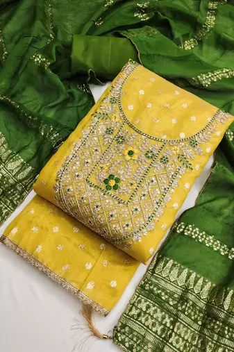  embroidered shimmer unstitched dress material with chanderi jacquard dupatta