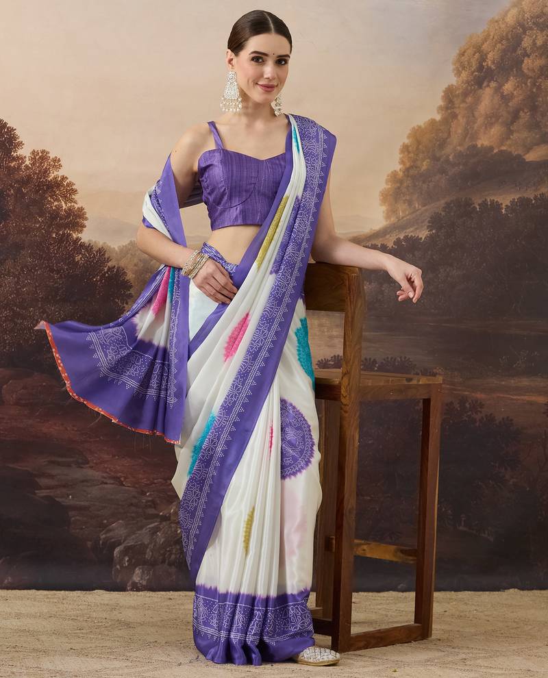lavender satin fabric stylish bandhani printed ready to wear saree