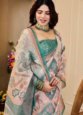 peach green cotton blend zari weaving floral digital print festive saree with unstitched blouse piece 5