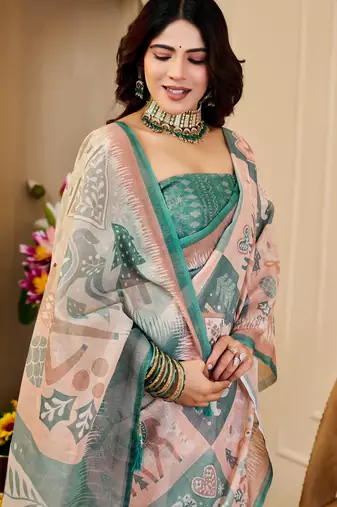 peach green cotton blend zari weaving floral digital print festive saree with unstitched blouse piece