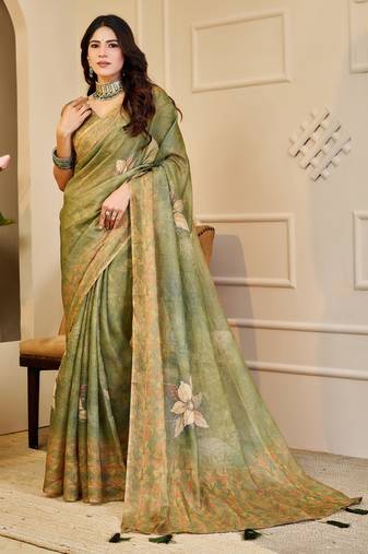 mehendi cotton blend zari weaving floral digital print festive saree with unstitched blouse piece