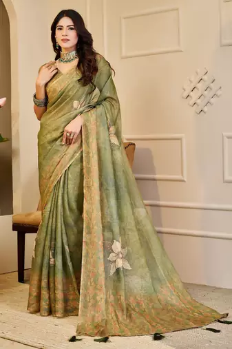 mehendi cotton blend zari weaving floral digital print festive saree with unstitched blouse piece