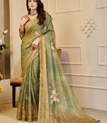 mehendi cotton blend zari weaving floral digital print festive saree with unstitched blouse piece