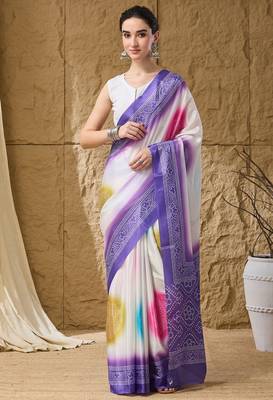 lavender satin fabric stylish bandhani printed ready to wear saree 1