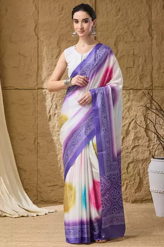 lavender satin fabric stylish bandhani printed ready to wear saree