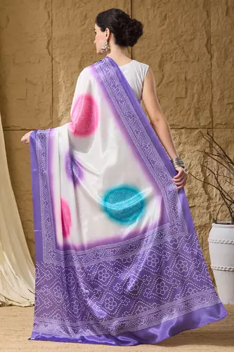 lavender satin fabric stylish bandhani printed ready to wear saree