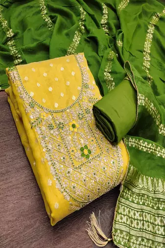  embroidered shimmer unstitched dress material with chanderi jacquard dupatta