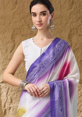 lavender satin fabric stylish bandhani printed ready to wear saree 3