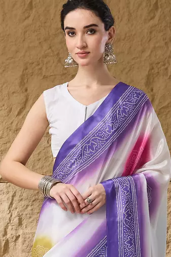 lavender satin fabric stylish bandhani printed ready to wear saree