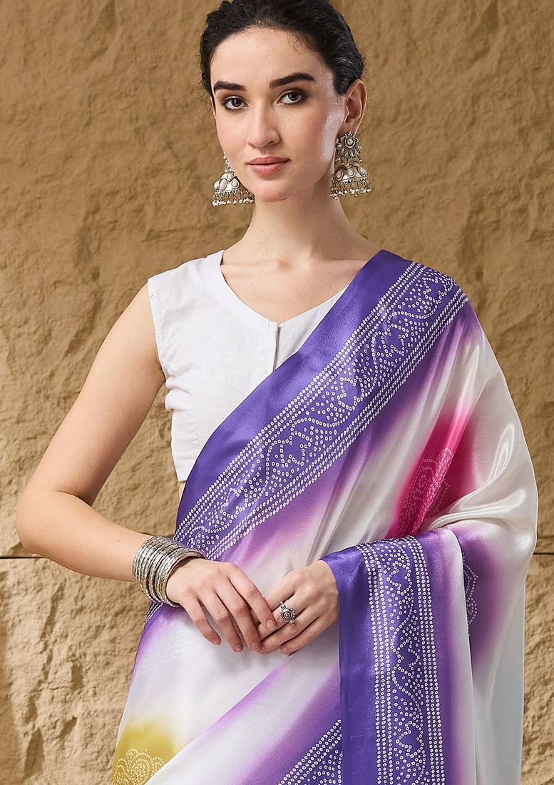 lavender satin fabric stylish bandhani printed ready to wear saree