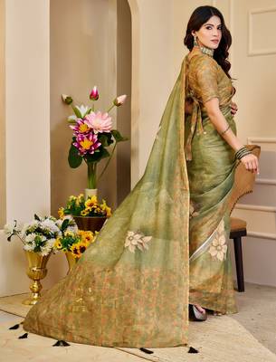 mehendi cotton blend zari weaving floral digital print festive saree with unstitched blouse piece 3