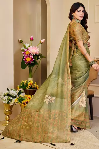 mehendi cotton blend zari weaving floral digital print festive saree with unstitched blouse piece