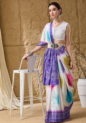 lavender satin fabric stylish bandhani printed ready to wear saree 4