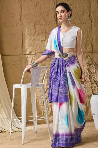 lavender satin fabric stylish bandhani printed ready to wear saree